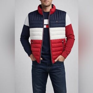 Tommy Hilfiger Quilted Colorblock Puffer Vest in Navy, White & Red